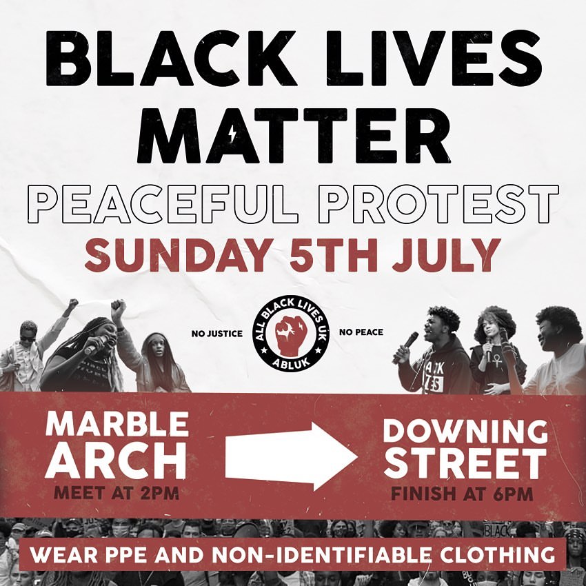 London BLM protest Marble Arch to Downing Street – Sunday 5th July 2pm